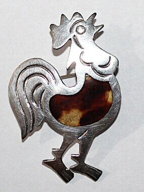 Vintage Taxco Sterling Silver Enamel Rooster Brooch 6 Grams
